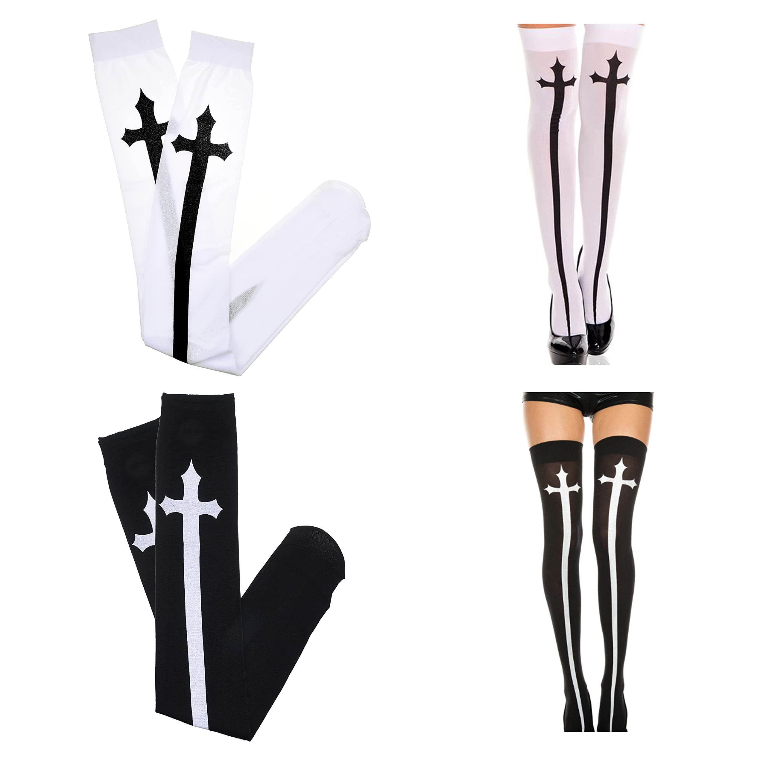 Cosplay Gothic Socks - 2 Pairs - Thigh High Halloween, Dress-Up, Themed Party Stockings - Black and White - Printed Cross Sword Design - Novelty Hosiery for Women, Teens