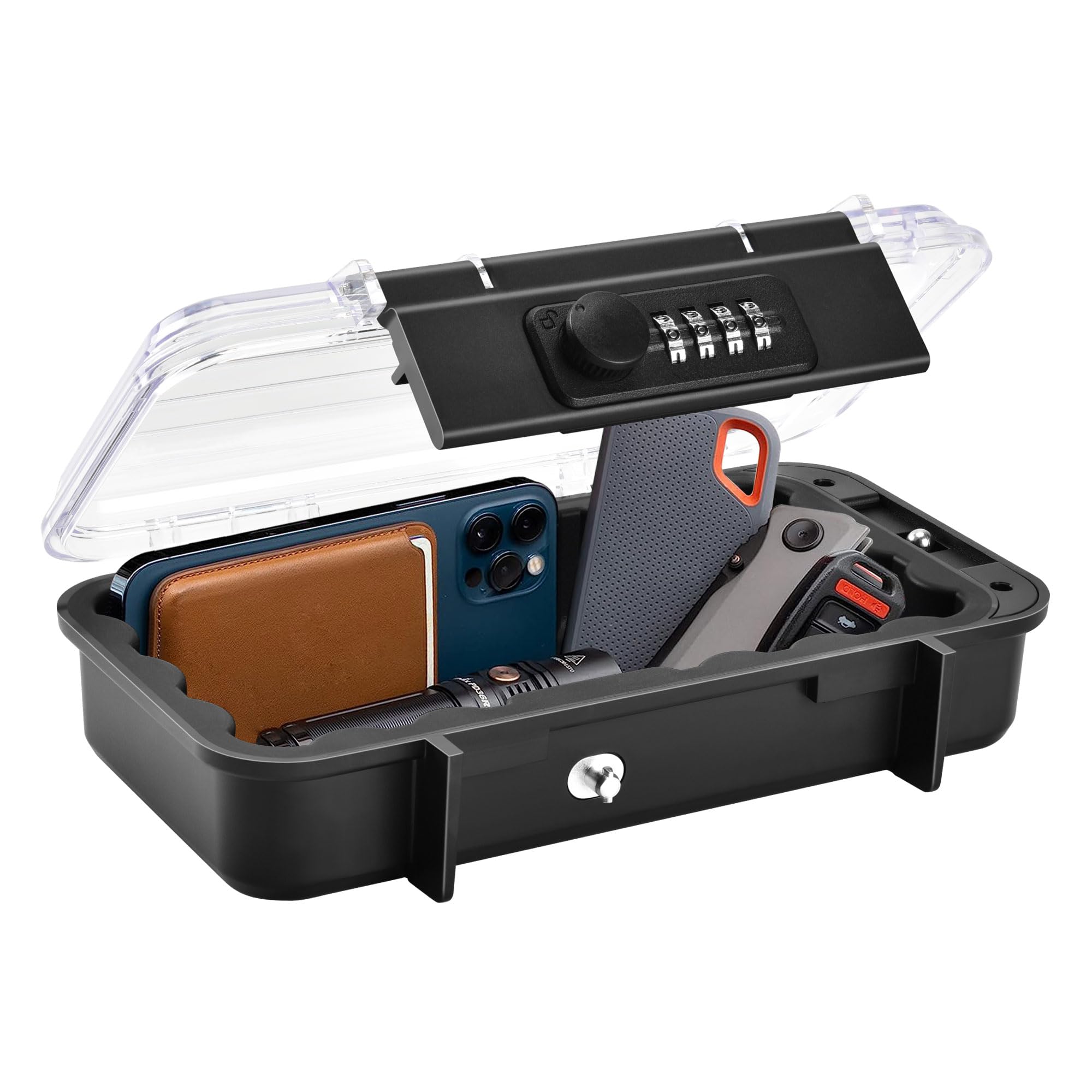 Black XXL Large Security Lock Box,Clear Outdoor Waterproof Travel 4-Digit Combination Safe Lock Box with Removable Wire Rope,for Travel,Beach,Hotel,Car,Home,Office[ Inside Size:7.87 * 4.0 * 1.4 inch ]