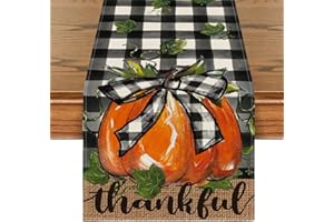 Artoid Mode Buffalo Plaid Bowknot Pumpkin Thankful Fall Table Runner, Autumn Thanksgiving Kitchen Dining Table Decoration for Home Party Decor 13x72 Inch