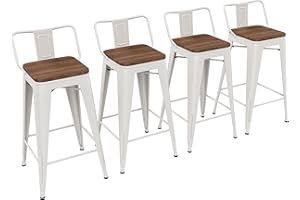 Yongchuang 24 inch Barstools Set of 4 Counter Height Bar Stools Farmhouse Kitchen Metal Bar Chairs with Wood Seat Low Back Cream White
