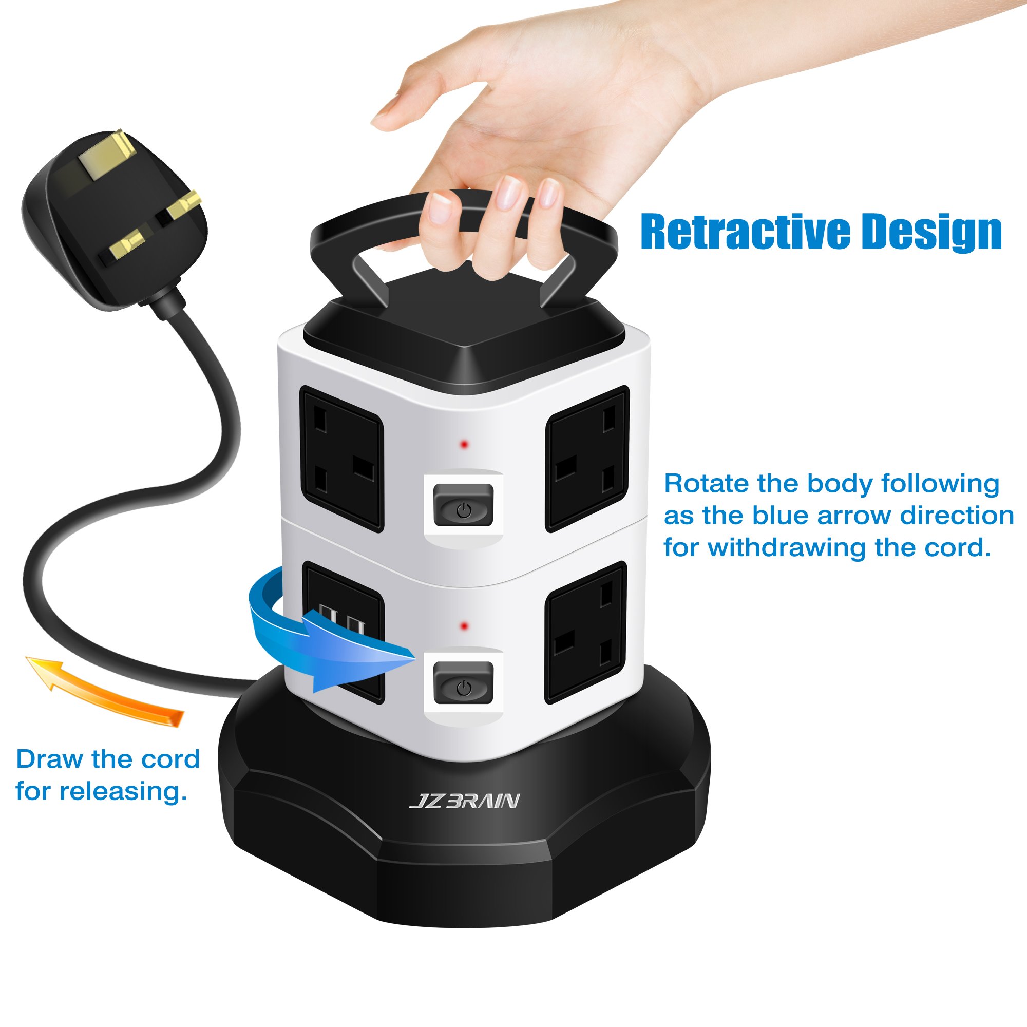 JZBRAIN Extension Tower Extension Lead USB Surge Protector Power Strip
