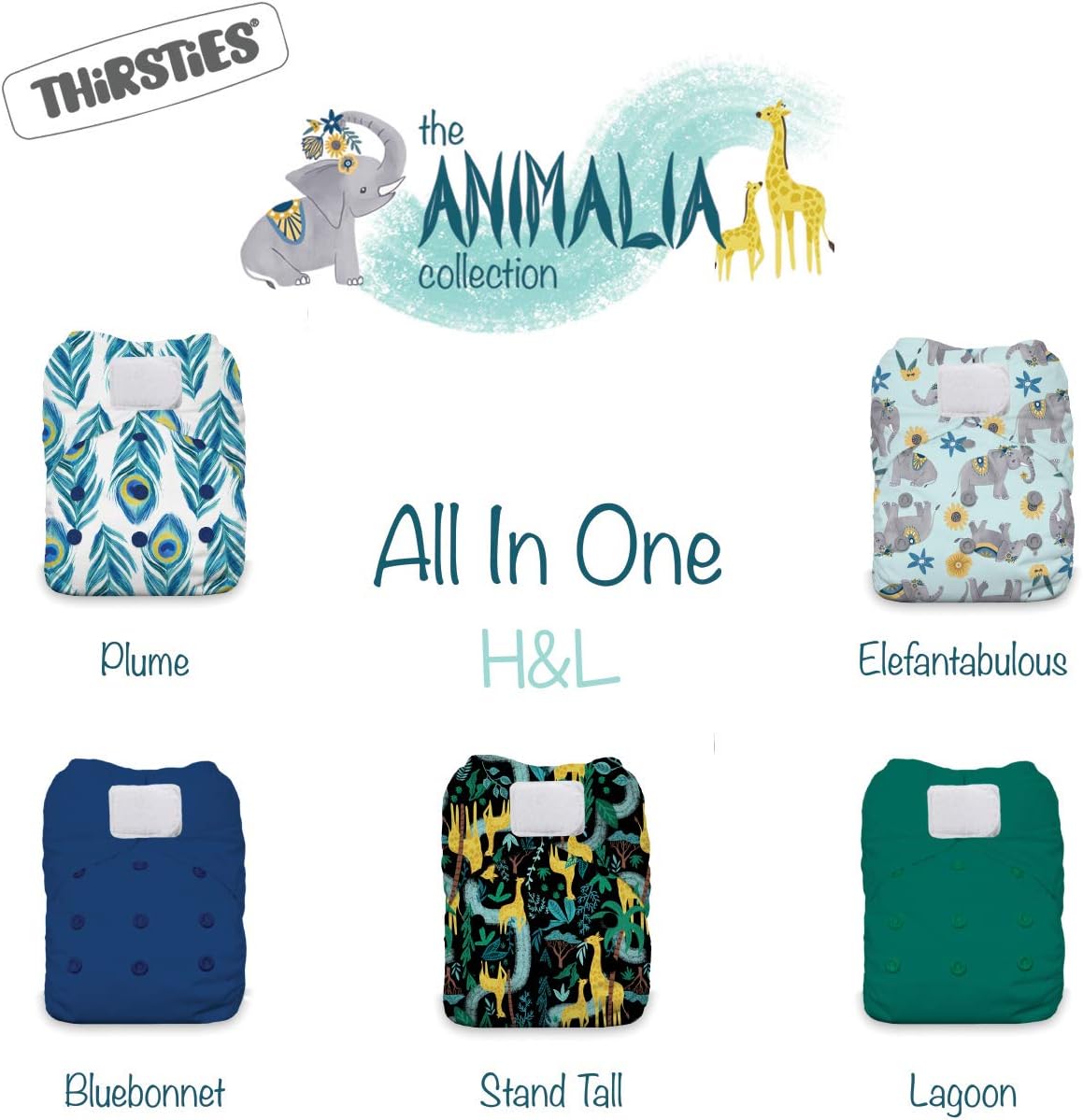 Thirsties Animalia Cloth Diaper Collection Package, One Size All in One Hook & Loop Cloth Diaper, Animalia