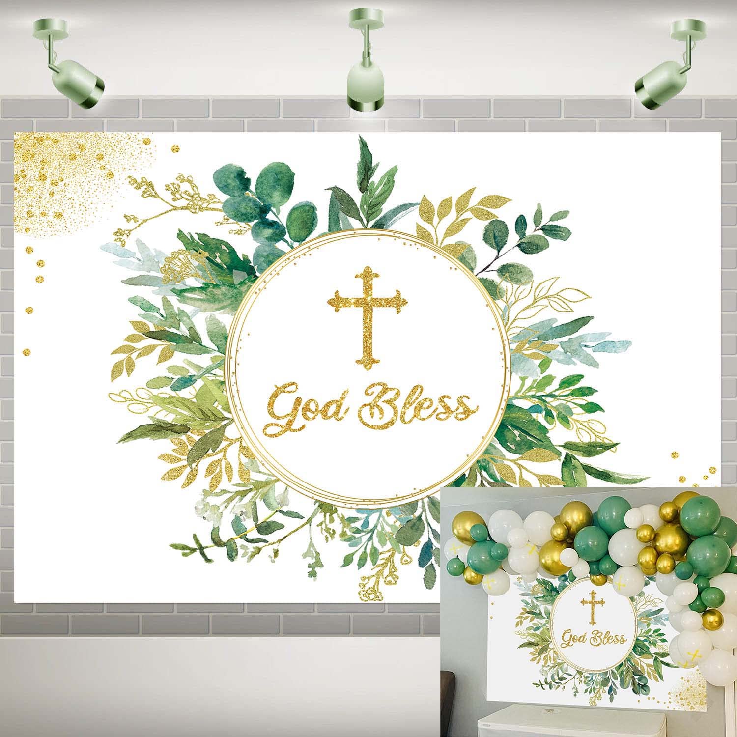 Greenery God Bless Backdrop First Communion Baptism Party Background Gold Glitters Eucalyptus Green Leaves Decoration Banner Kids Baby Shower Photo Booth (7x5FT)
