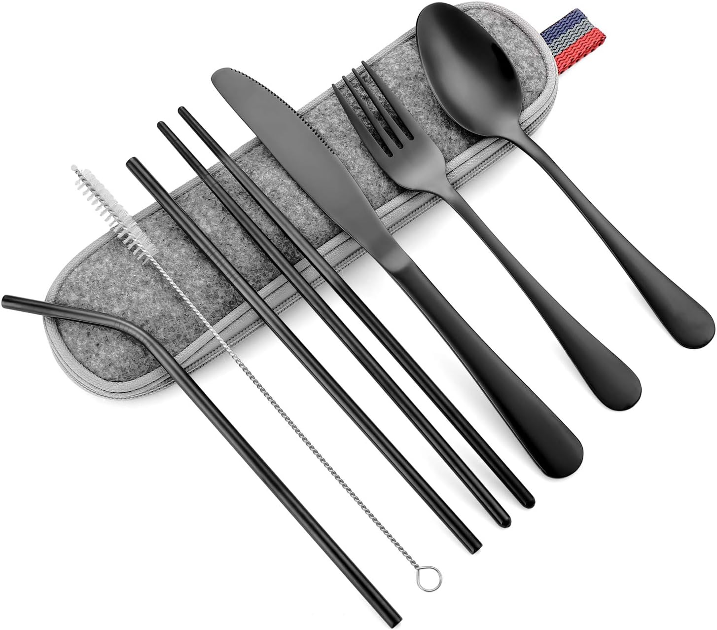 MONEYN Cutlery Set Portable, Reusable Travel Cutlery & Utensils Set，8-Piece including Knife Fork Spoon Chopsticks Cleaning Brush Straws Portable Case,Stainless Steel Flatware set (8-piece Black)