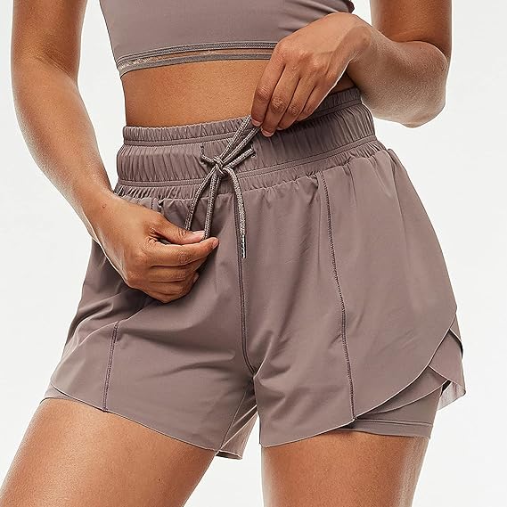 2 in 1 Women Sport Shorts Elastic Waist Quick Dry Gym Workout Compression Yoga Short Pants 