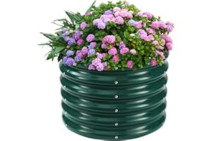 YSEJOMP 17" Tall Round Outdoor Garden Raised Garden Bed Kits-0.8MM Thick Metal Raised Planter Bed/Ground Planter Box for Variety of Flowers,Herbs,Vegetables (Dark Green, 24 inches Diameter)