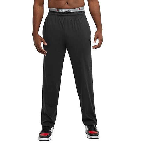 Champion Men's Open-Bottom Lounge Pants, Standard Fit, Lightweight, Available in Regular and Big, Black-C Patch Logo, Large Tall