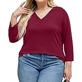 OSITWN Plus Size Tops for Womens 3/4 Sleeve V Neck Casual T Shirts Loose Fit Tunic Blouse