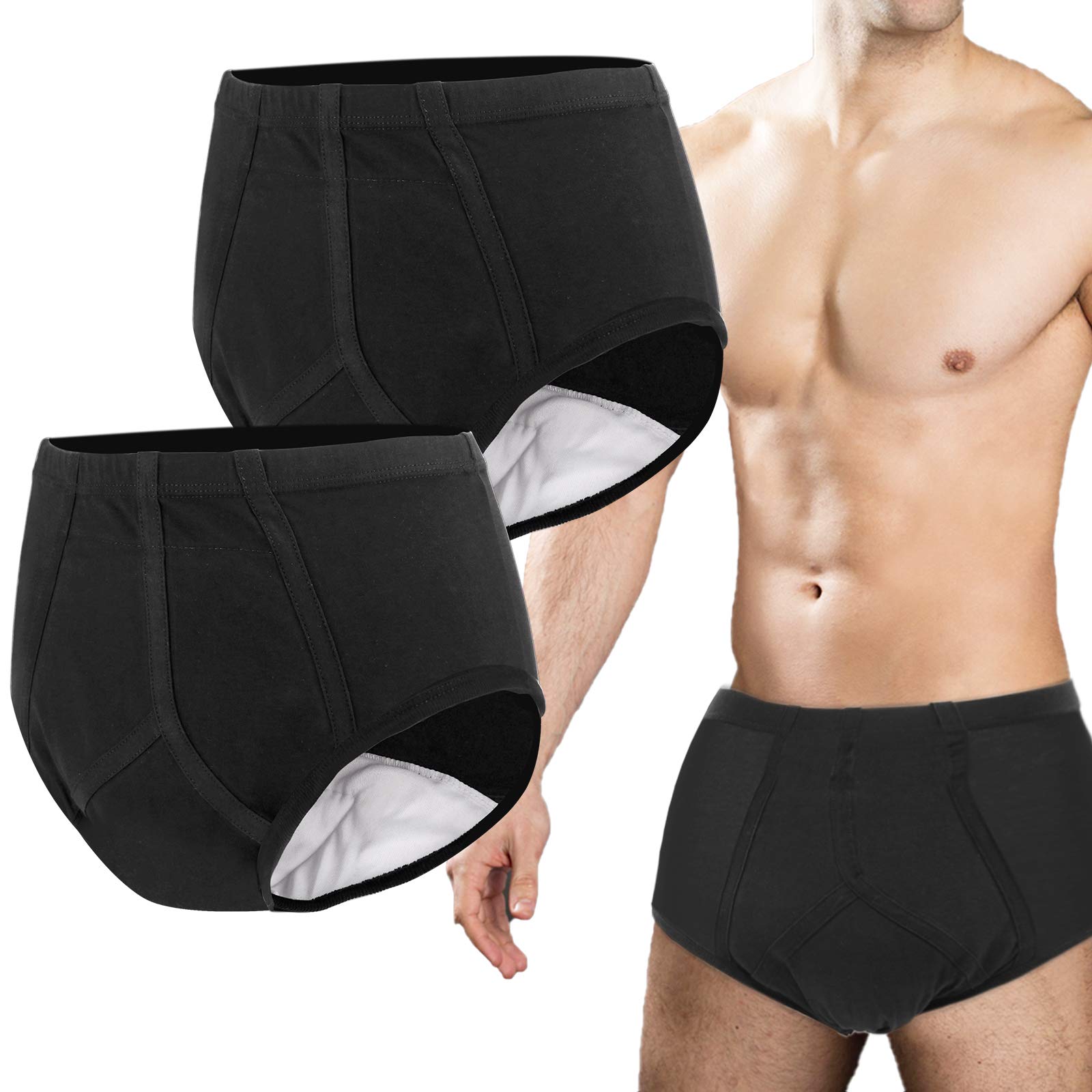 Incontinence Underwear for Men 2 Pack Washable Mens Incontinence Briefs with Front Absorbent Area Leak Proof Underwear for Men Reusable Urinary Incontinence Underwear (Black, M)