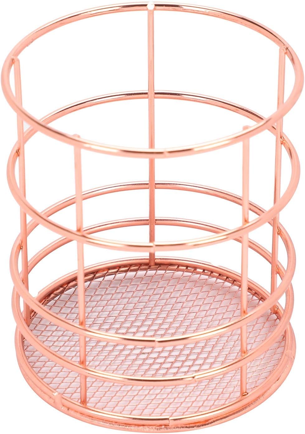 Desk Pen Cup Holder Rose Gold Pencil Holder Openwork Round Wire Metal Desk Organizer Pen Container Pot Stationery Storage Holder Basket for Office Home School Classroom