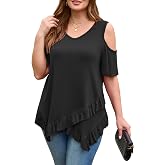 Women Plus Size Shirt Cold Shoulder Sleeve V Neck Tops Ruffled Hem Blouse | Open Shoulder Tee Top, Trendy Casual Comfy Tunic, Elegant Daily Wear Business Work Outfits, Going Out Flowy Dressy Blouses