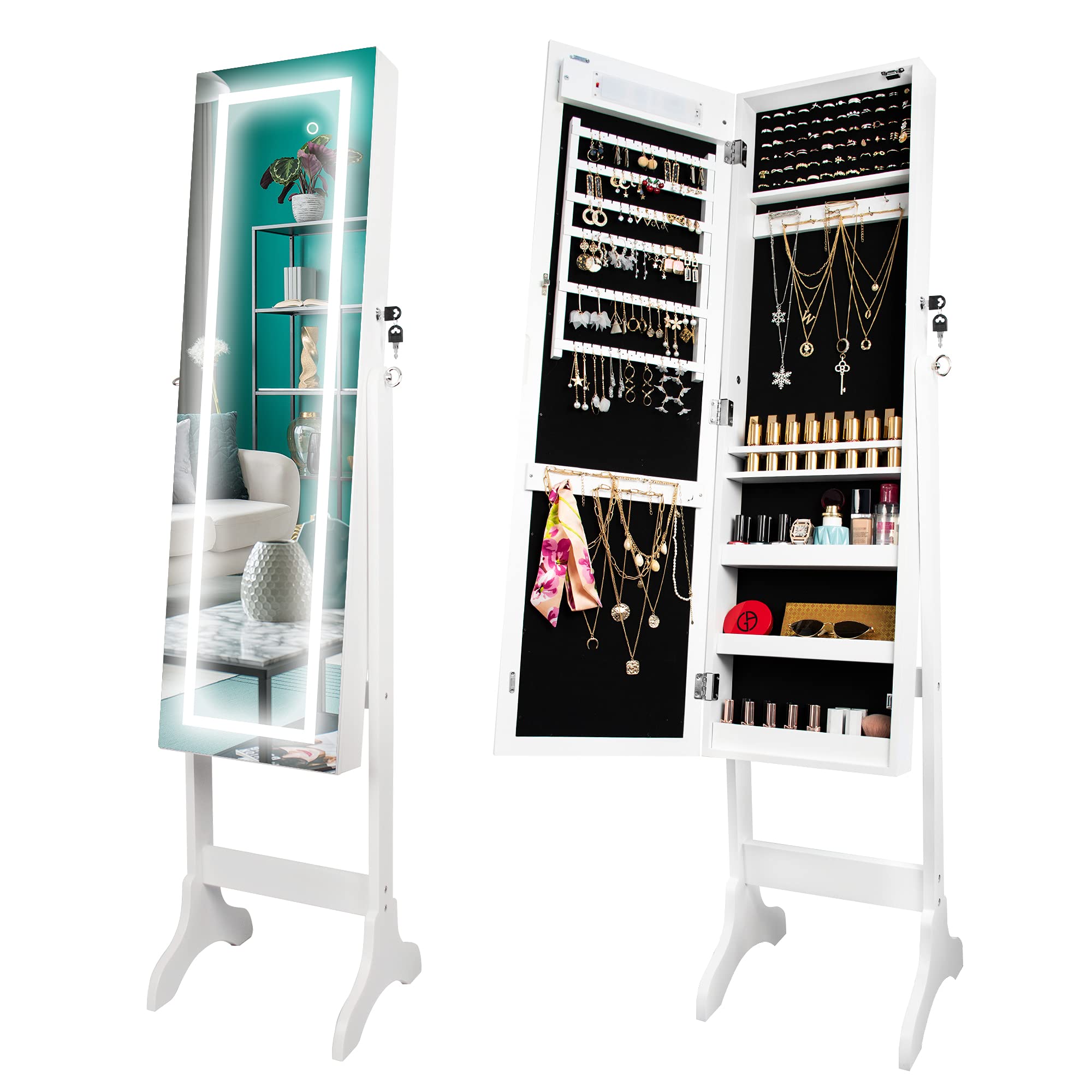 Ezigoo Standing Mirror Jewelry Cabinet with LED Light – Full Length Mirror with Ample Storage for Earrings, Necklaces, Rings, and Lipsticks