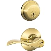 Schlage Deadbolt &amp; Door Handle Set, Accent Lever, Bright Brass | Front door set with single cylinder deadbolt &amp; reversible entry lever, Keyed alike, Certified security &amp; durability, 2 keys