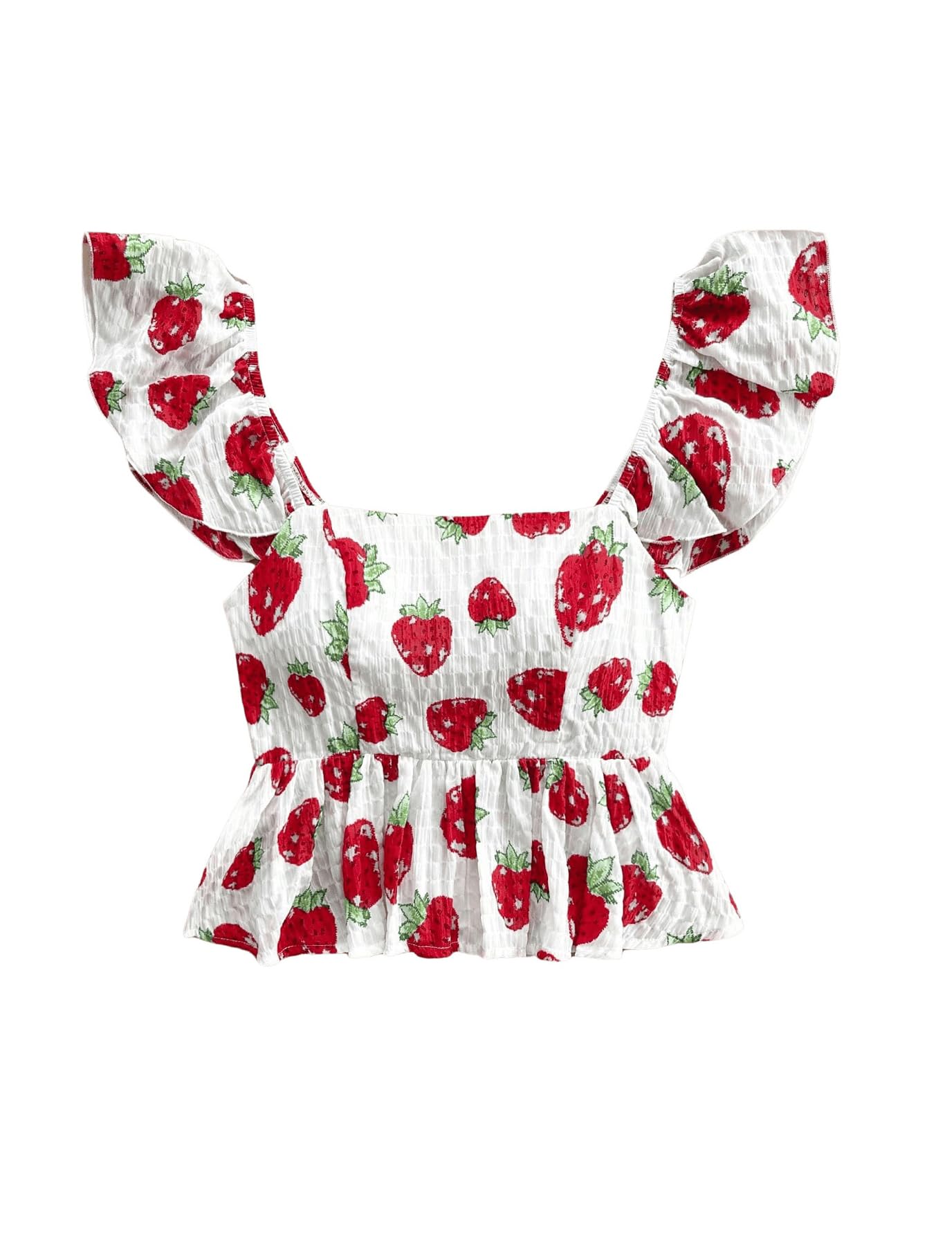 Photo 1 of MakeMeChic Women's Graphic Print Cap Sleeve Blouse Square Neck Tie Back Shirred Crop Tops Multicolor X-Large