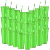 Amyhill 24 Pcs Reusable Cups with Lids and Straws 24 oz Glitter Iced Coffee Tumbler Plastic Travel Mug Cup for Smoothie Juices Birthday Sleepover Party Supplies for Girls(Fluorescent Green)