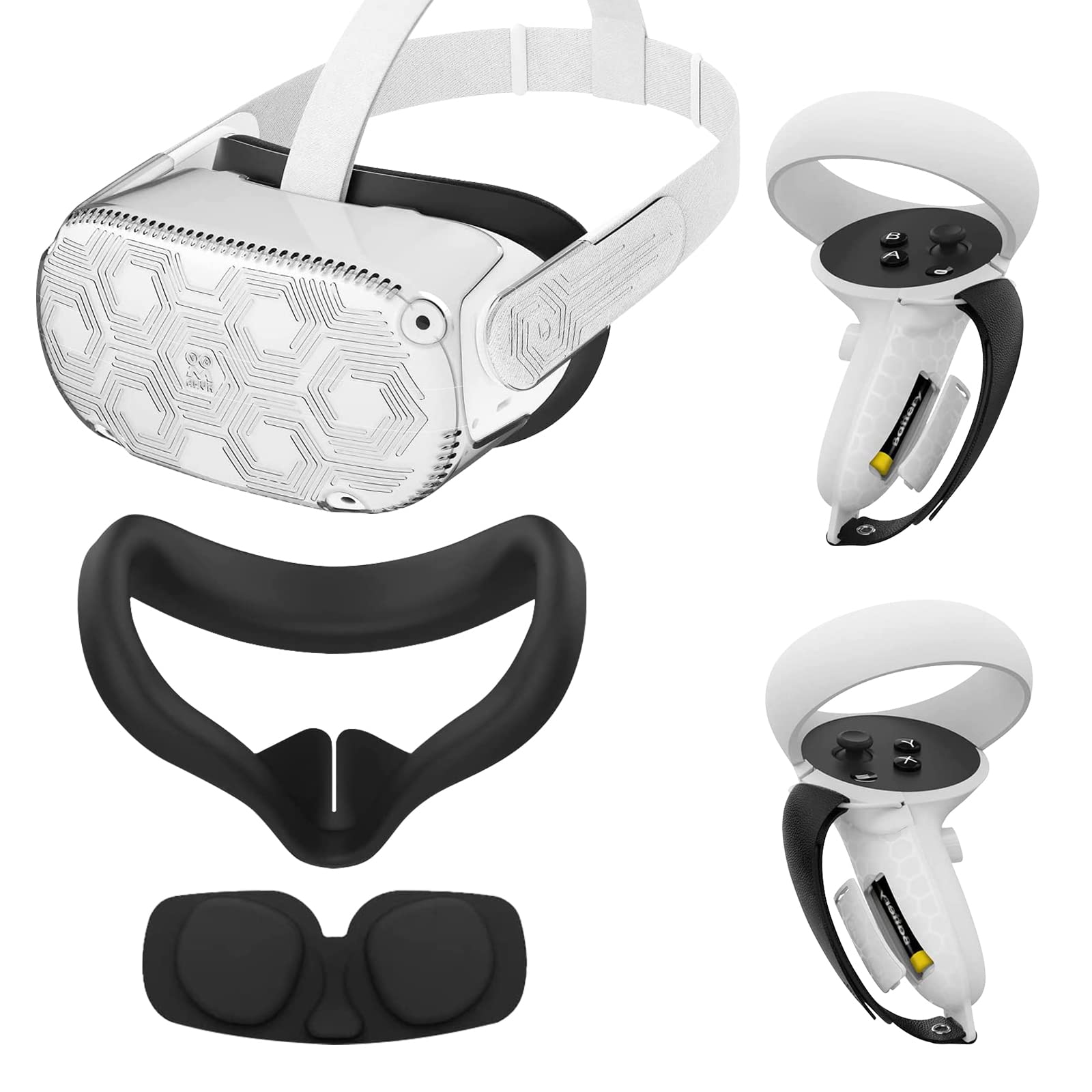 AMVR VR Accessories Set for Oculus Quest 2, Controller Grip Straps with Battery Opening, Silicone Face Cover for Quest 2, Headset Shell Cover, Lens Cover and Clean Cloth Compatible with Meta Quest 2