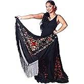 Flamingo Peak Shawl with Fringe - Red-Gold Embroidery - Large Black body Size L 75X35inch