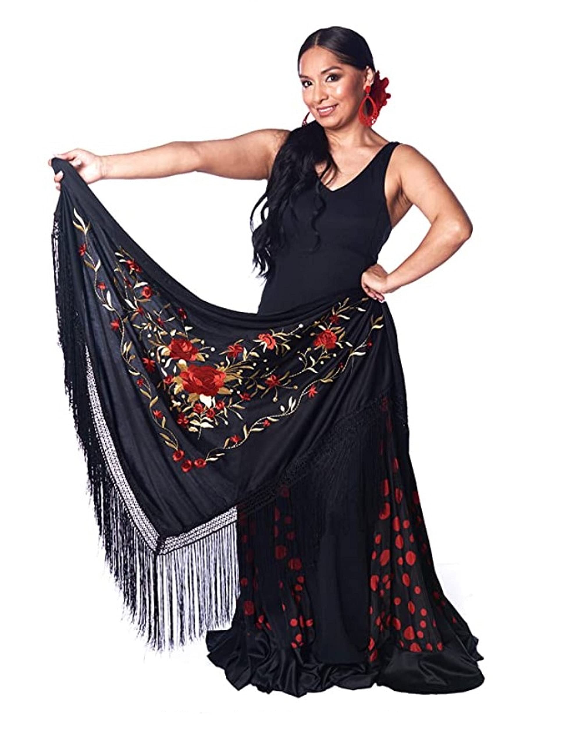 Flamingo Peak Shawl with Fringe - Red-Gold Embroidery - Large 190X90cm, Black/White, L