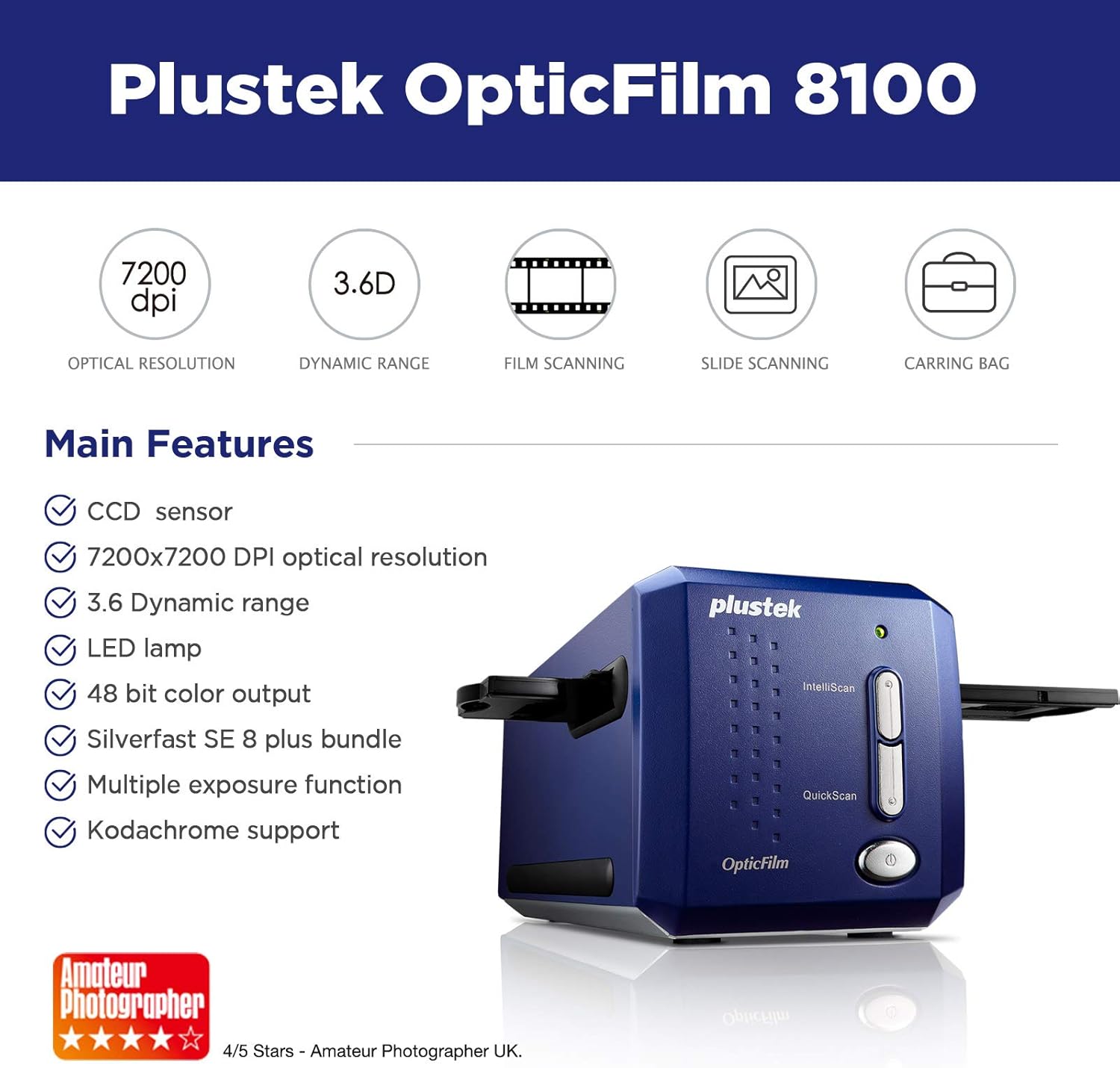 Plustek OpticFilm 8100-35mm Negative Film/Slide Scanner with 7200 DPI and 48-bit Output. Bundle Silverfast SE Plus 8.8, Support Mac and Windows: Electronics