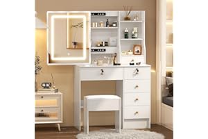 Guriches Small Vanity Desk with Mirror and LED Light, 3 Adjustable Lights Modes, Sliding Mirror, Makeup Table with 6 Drawers 