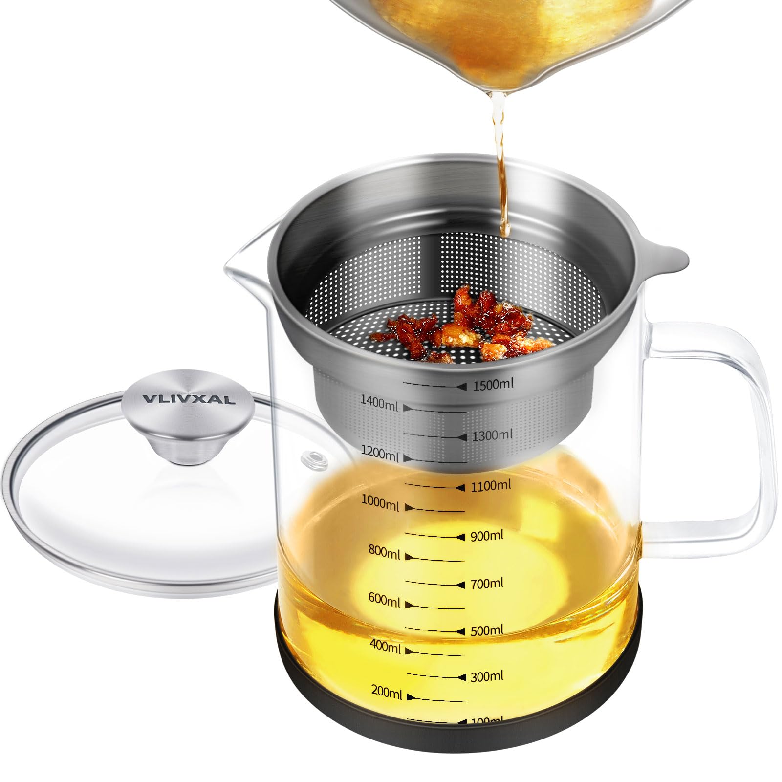 Photo 1 of VLIVXAL Bacon Grease Glass for Used Cooking Oil Filter, Soy Milk Filter Strainer and All purpose Strainer (50oz/1.5L)
