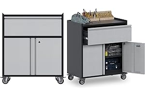 SUXXAN Metal Storage Cabinet with Wheels, Metal Garage Cabinet with 2 Doors&1 Adjustable Shelves&2 Drawers for Home, Office, Warehouse, Tool, Industrial, Assembly Required, Black and Grey