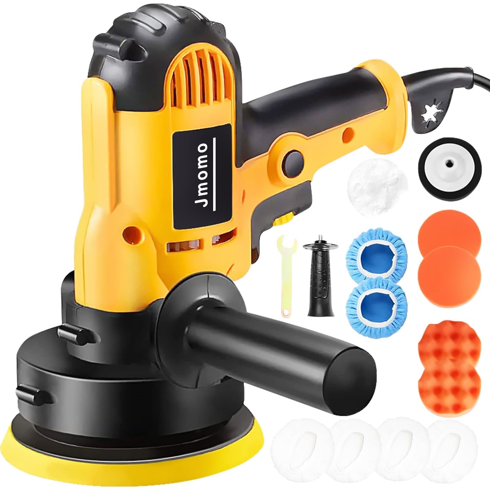 Jmomo ポリッシャー 電動ポリッシャー 車 125mm 二十段変速可能 強力モーター 研磨機 サンダポリシャー 軽量 車磨き ワックス作業 塗装面用 家庭用 艶出し 傷消し 研磨パッド付き スポンジセット付き (イエロー)商品画像