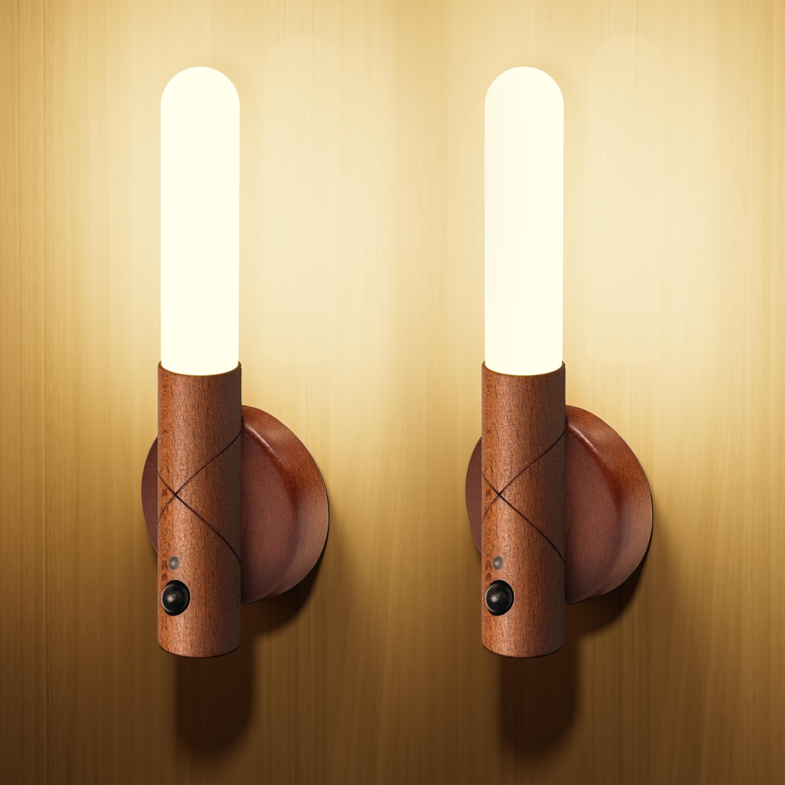Doraimuni 2-Pack Rechargeable Wooden Wireless Wall Lights with Magnetic Mount, Removable USB Stick for Bedroom, Hallway, Stairway, Living Room (Dark Brown)