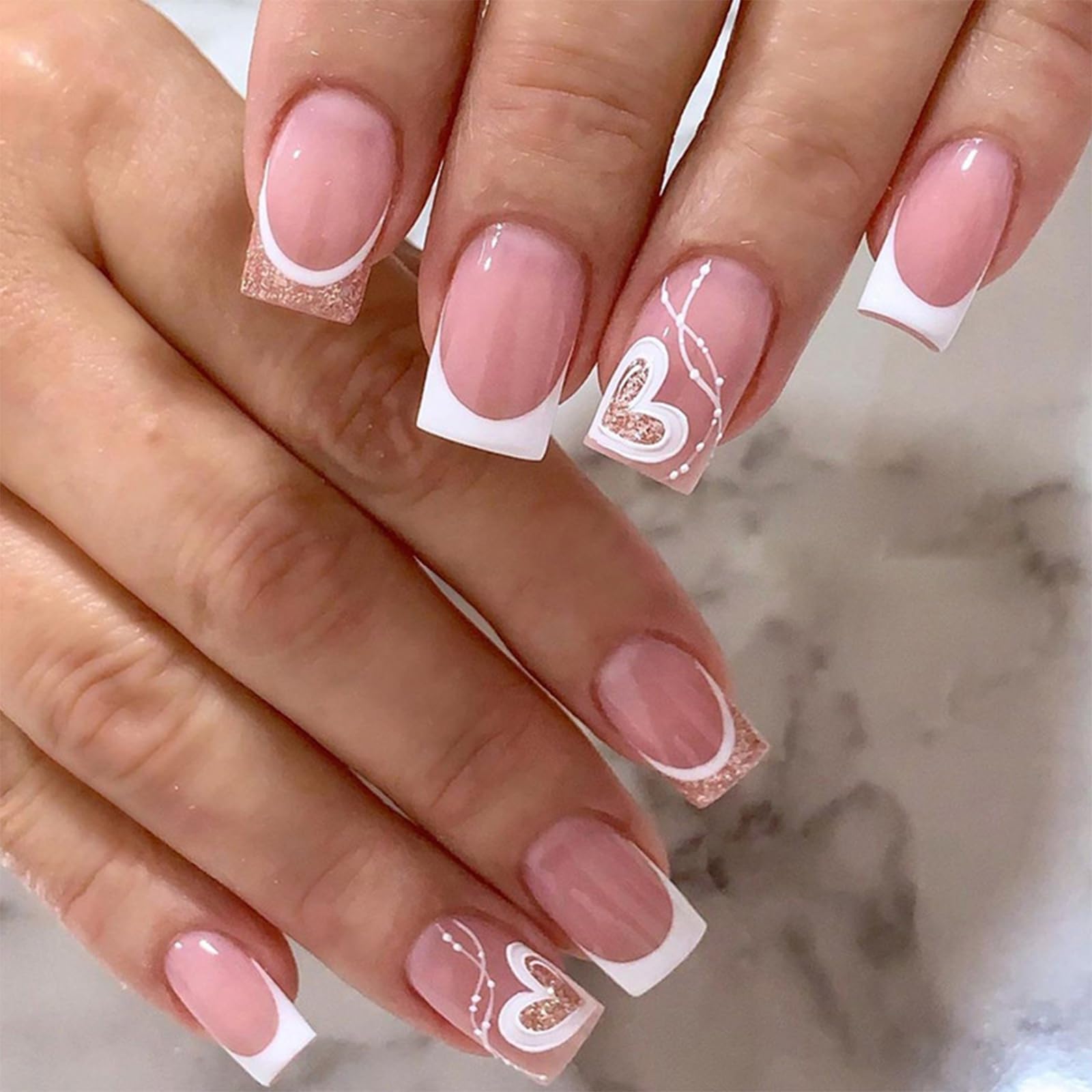 24-PCS French Square Heart Press on Nails,Medium Pink Fake Nails,Cute and Romantic LOVE Style False Nails,Glossy and Full Cover Acrylic Nails for Valentine’s Day