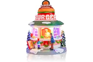 OVEWIOS Christmas Village Houses, Polyresin Christmas House Village with Spinning Burger & Colorful Warm LED Lights & 8 Songs,Battery Operated Indoor Christmas Decor,Gift for Village Collection Lovers, 7.1“H