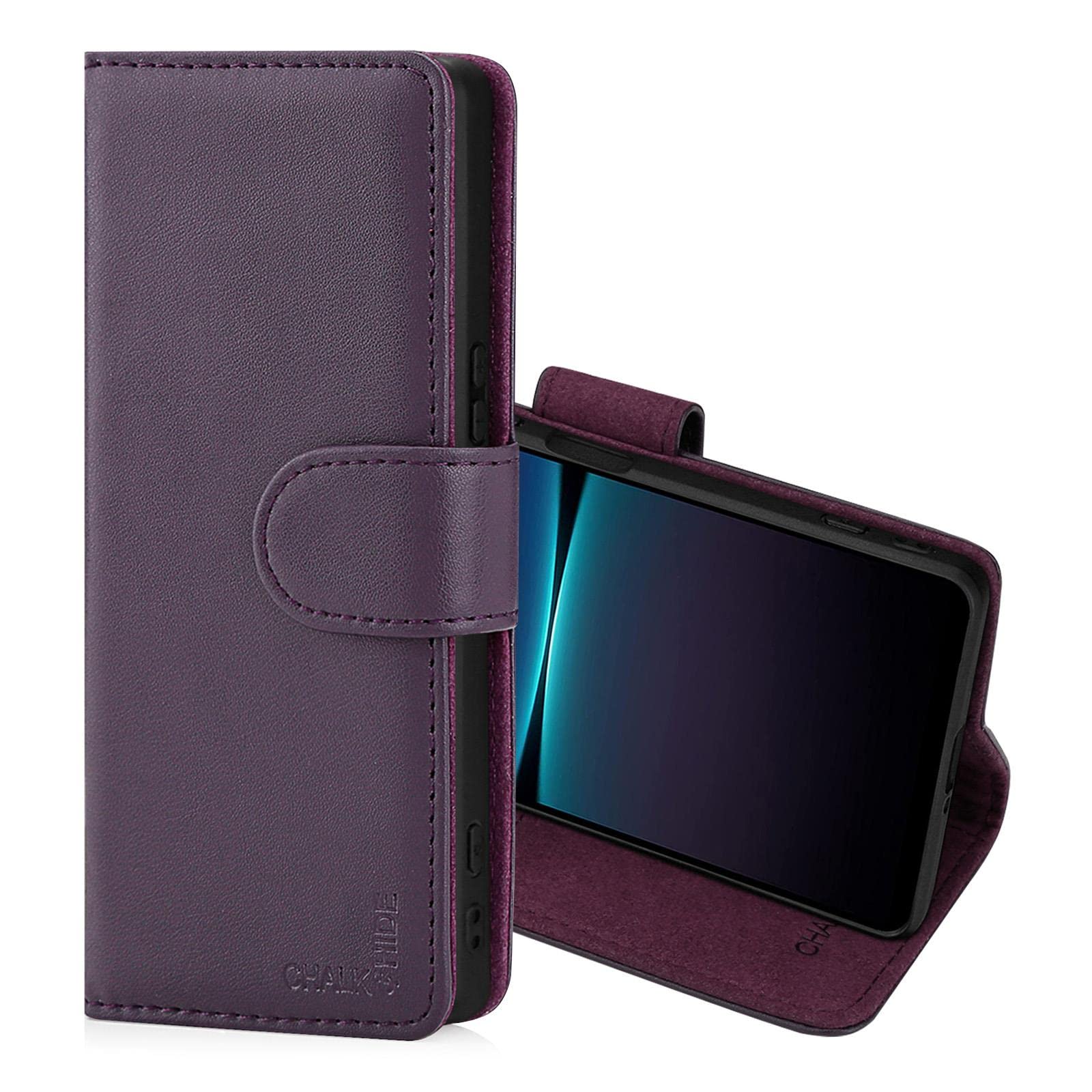 CHALK & HIDE - Real Leather Book Wallet Flip Case Cover For Sony Xperia 1 IV (2022), Real Leather Design With Card Slot, Magnetic Closure and Built In Stand - Aubergine