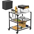 SafBbcue Outdoor Pizza Oven Table for Ooni, Blackstone, Cuisinart, Ninja Woodfire Grill Stand, Stainless Steel Rolling Kitchen Prep Island Cart with Wheels and Cover, Movable BBQ Work Grill Table