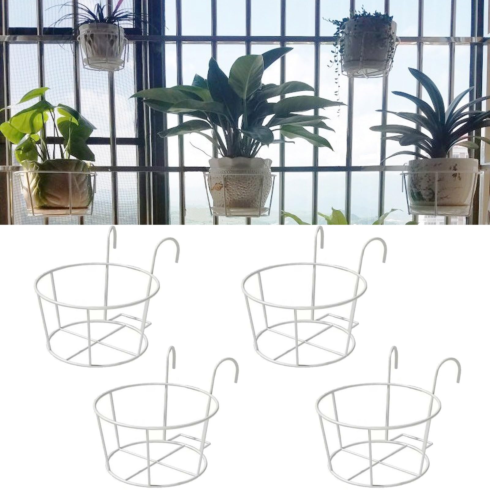 4 Pack Round Hanging Railing Planters, Flower Pot Holders, Metal Pot Plant Basket, Shelf containers for Indoor and Outdoor use (White)