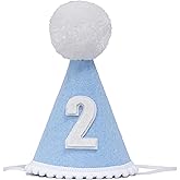 OUR FANDA Birthday Party Hat for 2 Year Old, Blue and White Felt with Pom Pom, Party Decoration