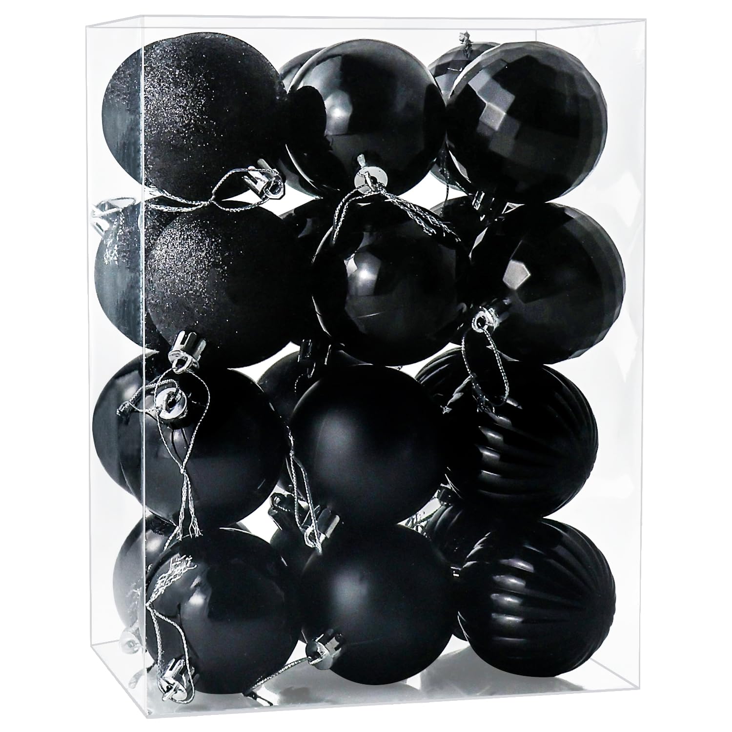 24 Pieces 60mm Hanging Christmas Tree Baubles in Black Glittering Decorative Baubles Balls Ornaments, Xmas Trees Decor Balls for Christmas Halloween Holiday Party Decorations, Black