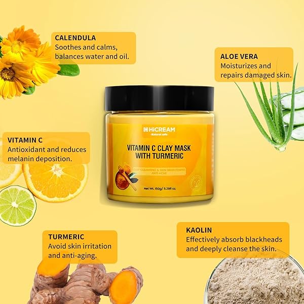 HICREAM TURMERIC VITAMIN C CLAY MASK, DEEP CLEANSING FACIAL MASK, FACE MASK SKIN CARE WITH KAOLIN CLAY AND ALOE FOR PORES, ACNE, DARK SPOTS, HYDRATING 5.29 OZ