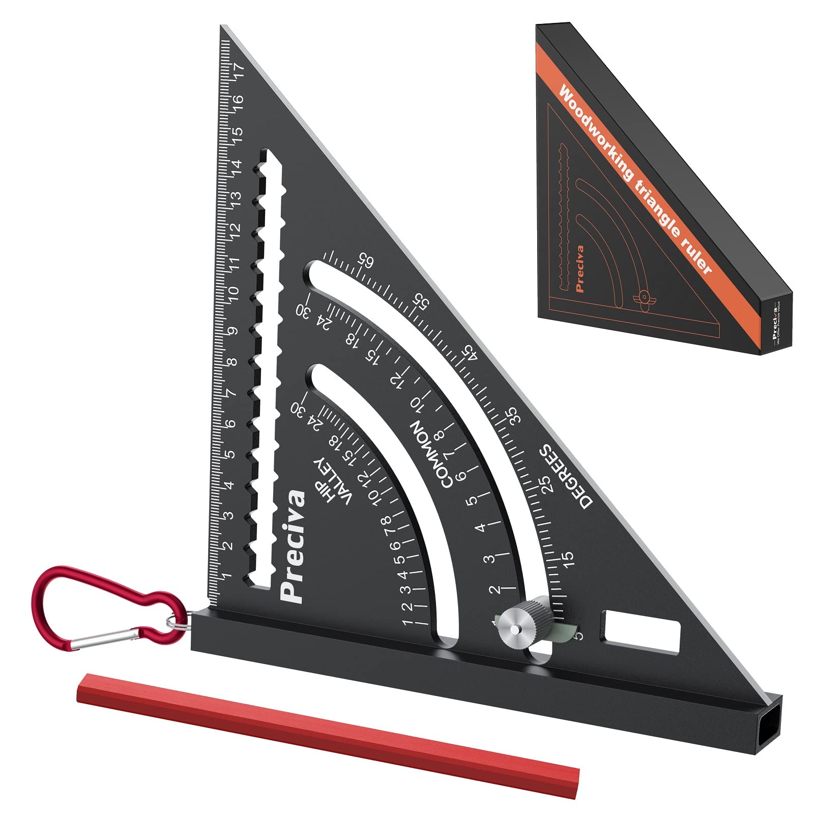 7" Speed Square, Preciva Roofing Square, Aluminum Alloy Carpenter Square Triangle Ruler Set, with Hook, Plumb Function, Multifunction Measuring Tools for Woodworking Engineer Carpenter