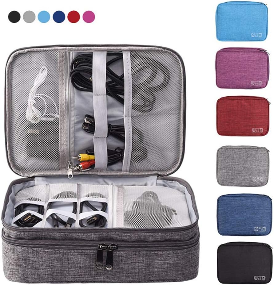Double Layers Electronics Organizer Bag, EXKOKORO Protable Accessories Carrying Case Cable Organizer Bag Waterproof Cable Storage Bag for Charging Cable, Power Bank, Cellphone, USB and More (Grey)