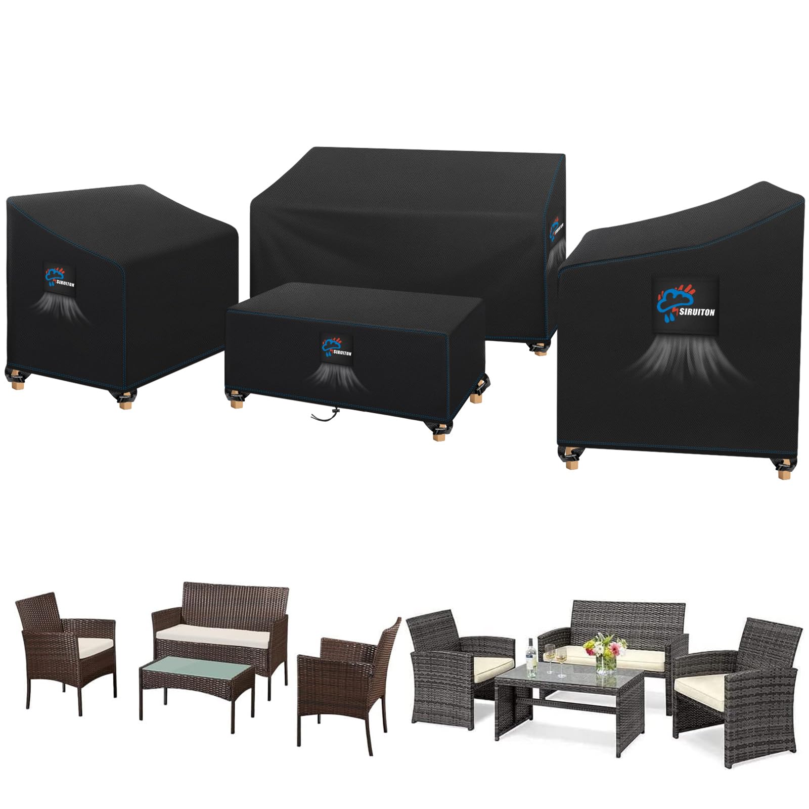 SIRUITON 420D Outdoor Furniture Cover 4-Piece Set, Heavy Duty Patio & Garden Covers, Waterproof Bench Protector - Black