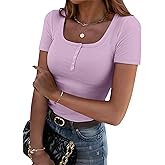 Zeagoo Womens Summer Tops Short Sleeve Shirts Ribbed Knit Square Neck Tshirt Casual Basic Slim Tee