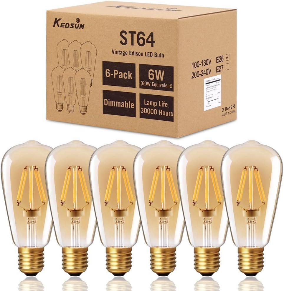 Dimmable Vintage Edison LED Birne - KEDSUM 6W E27 ST64 Warm 2200K