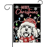 Dyrenson Merry Christmas Goldendoodle Dog Decorative Garden Flag, Xmas Snowflake Yard Outside Home Decoration Pet Owner Lover Gift, Winter Holiday Burlap Outdoor Small Decor Double Sided 12 x 18