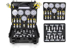 TUBINOONE Hydraulic Pressure Test Kit, 10/100/250/400/600bar, 13 Test Couplings 14 Tee Connectors 5 Test Hoses, Hydraulic Test Gauge kit for Excavator Construction Machinery (5 Gauges)