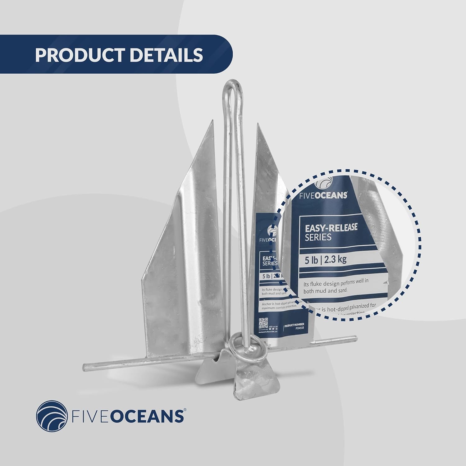 Five Oceans Easy-Release Danforth Anchor Series - Hot Dipped Galvanized Steel with Slip Ring Shank, 5 lbs, FO-4555 : Sports & Outdoors