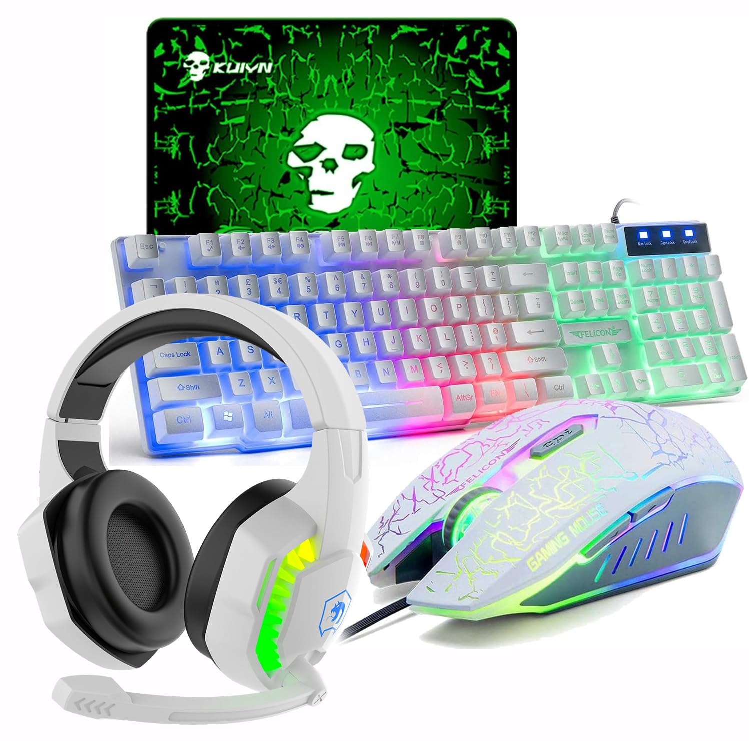 LexonElec UK Layout 4-in-1 Gaming Keyboard and Mouse Set with Rainbow Backlit USB, 2400DPI 6 Buttons LED Mouse, Headset and Mouse Pad for PC/Mac - White