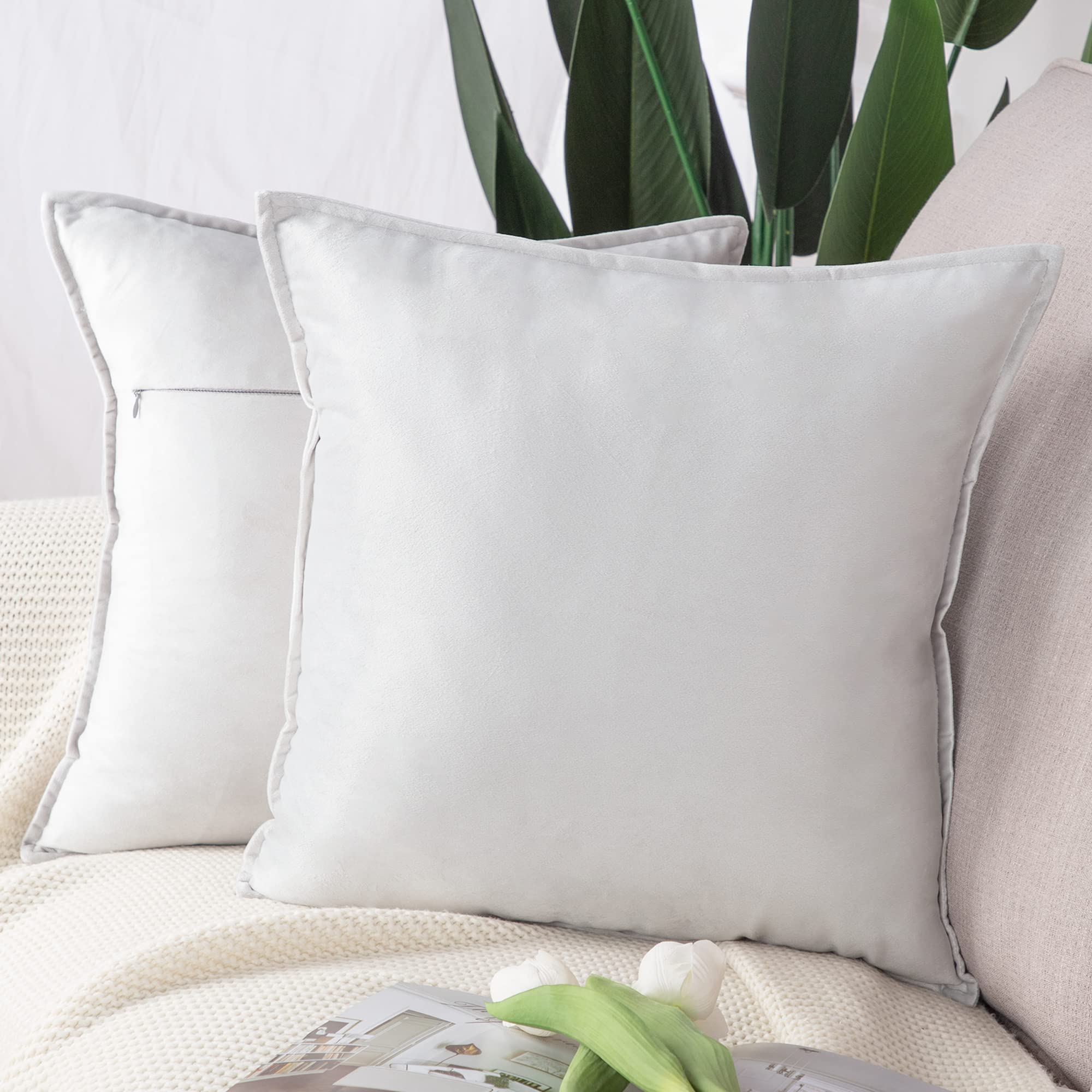 Madizz Pack of 2 Super Soft Velvet Decorative Cushion Covers with Fringe Luxury Style Cushion Case European Pillow Shell for Sofa Bedroom Square Greyish White 26x26 inch, 65x65 cm