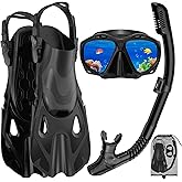 Snorkeling Gear for Adults, Mask Fin Snorkel Set, Dry Top Snorkel Mask, Panoramic View Anti-Leak Anti-Fog 3 in 1 Snorkeling Kit Travel Diving Package with Storage Bag
