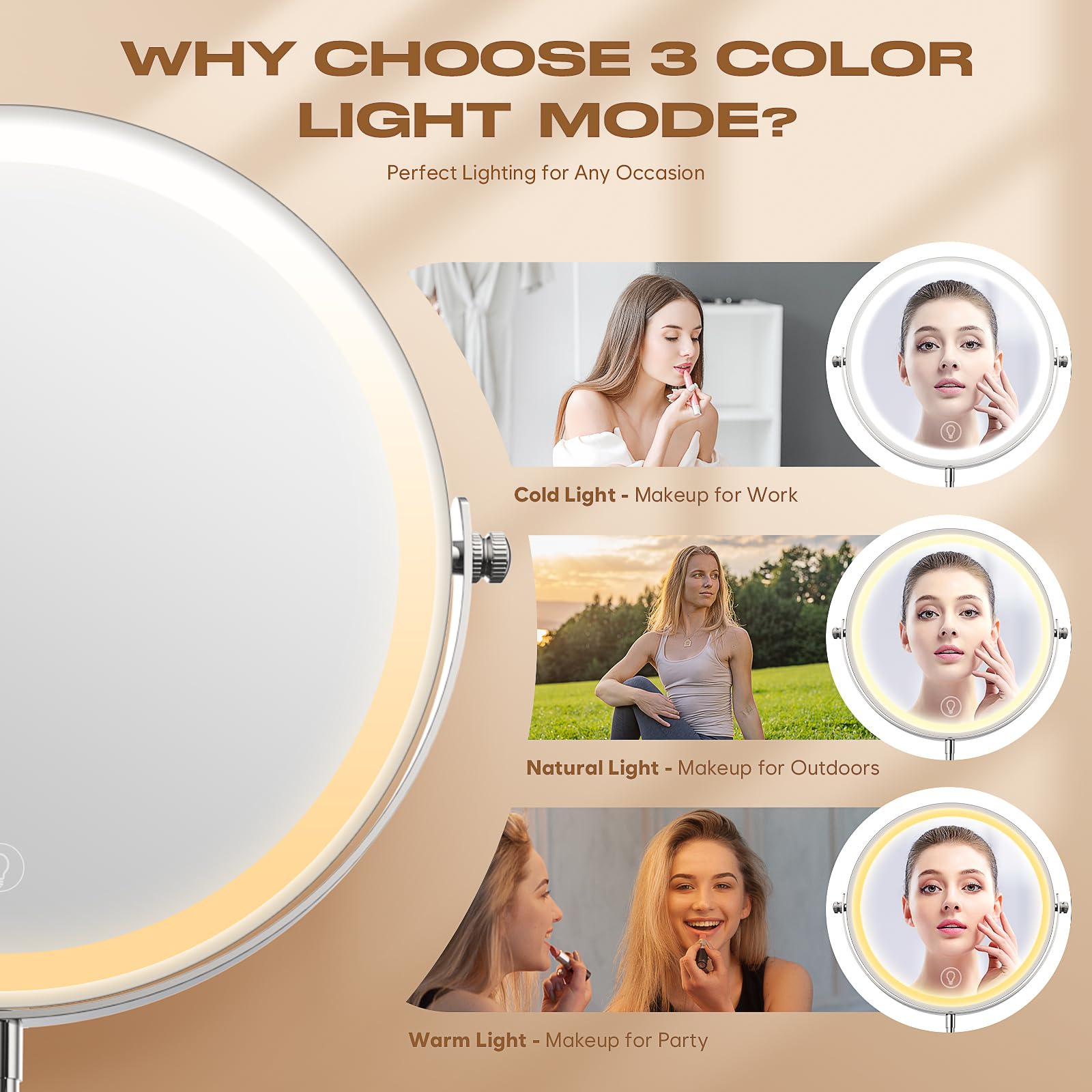 Makeup Mirror with Lights, 1x/20x 360° Rotation Vanity Mirror, Brightness Adjustable Lighted Makeup Mirror with Magnification, 5000 mAh Rechargeable Double Sided Mirror with 3 Colors, Gift for Women