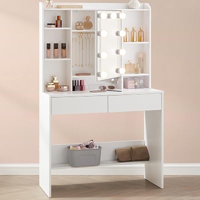 VASAGLE KAILYN Dressing Table with LED Lights 9 Bulbs 3 Colors White