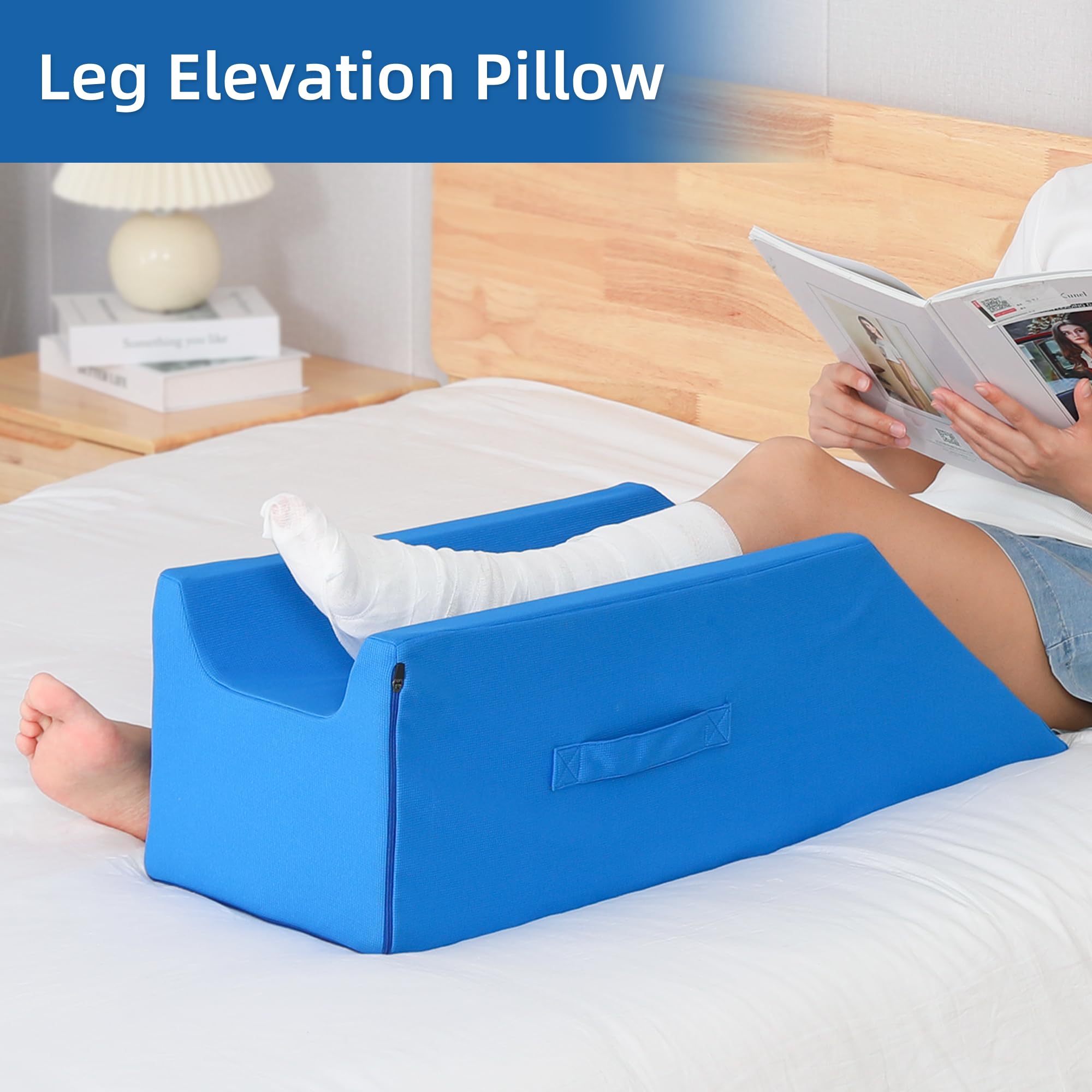 Fanwer Leg Elevation Pillows for After Surgery, Injuries, or Rest, Single Leg Wedge Pillow After Knee Replacement, Leg Support Pillows with 2 Handles, Washable Cover, Blue
